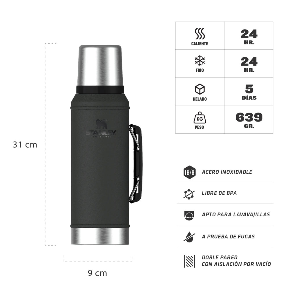 termo, termos, stanley, clasico, classic, 950ml, con manija, manija, negro, negro 2.0, 10-11494-002.